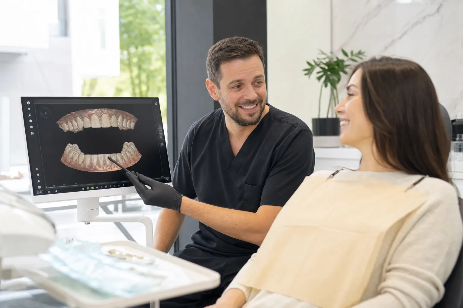 A modern dental clinic with a patient and dentist reviewing 3D dental scans on a monitor, showcasing a healthy, natural-looking smile in a bright, clean environment.